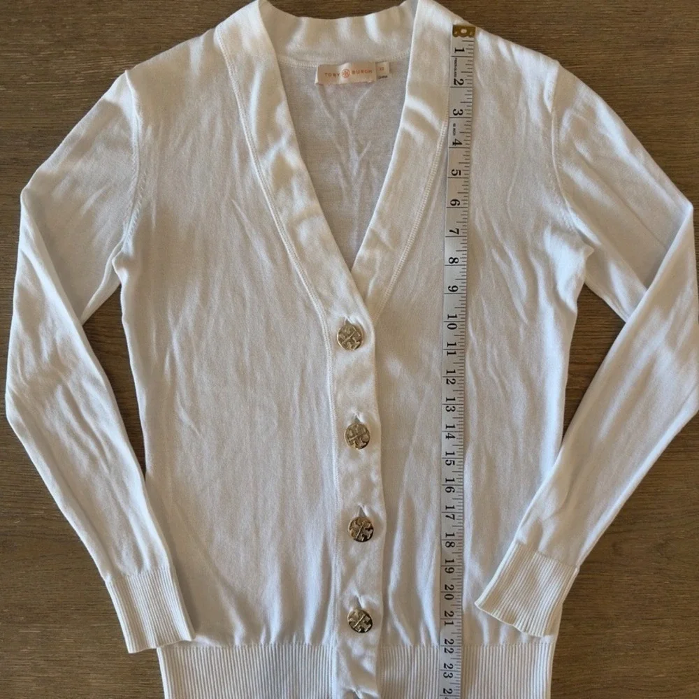 TORY BURCH Simone Cardigan 100% Cotton-White-Gold Logo Button-Lightweight-Sz XS
